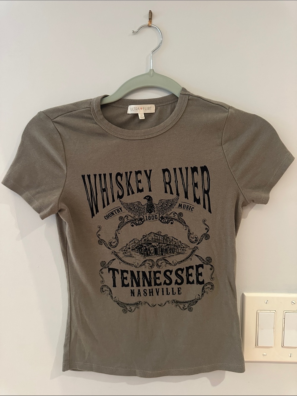 Ultra Flirt Olive Green 'Whiskey River Tennessee' Graphic Tee